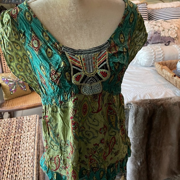 One World Boho Green Embroidery Blouse Size M - Picture 3 of 4